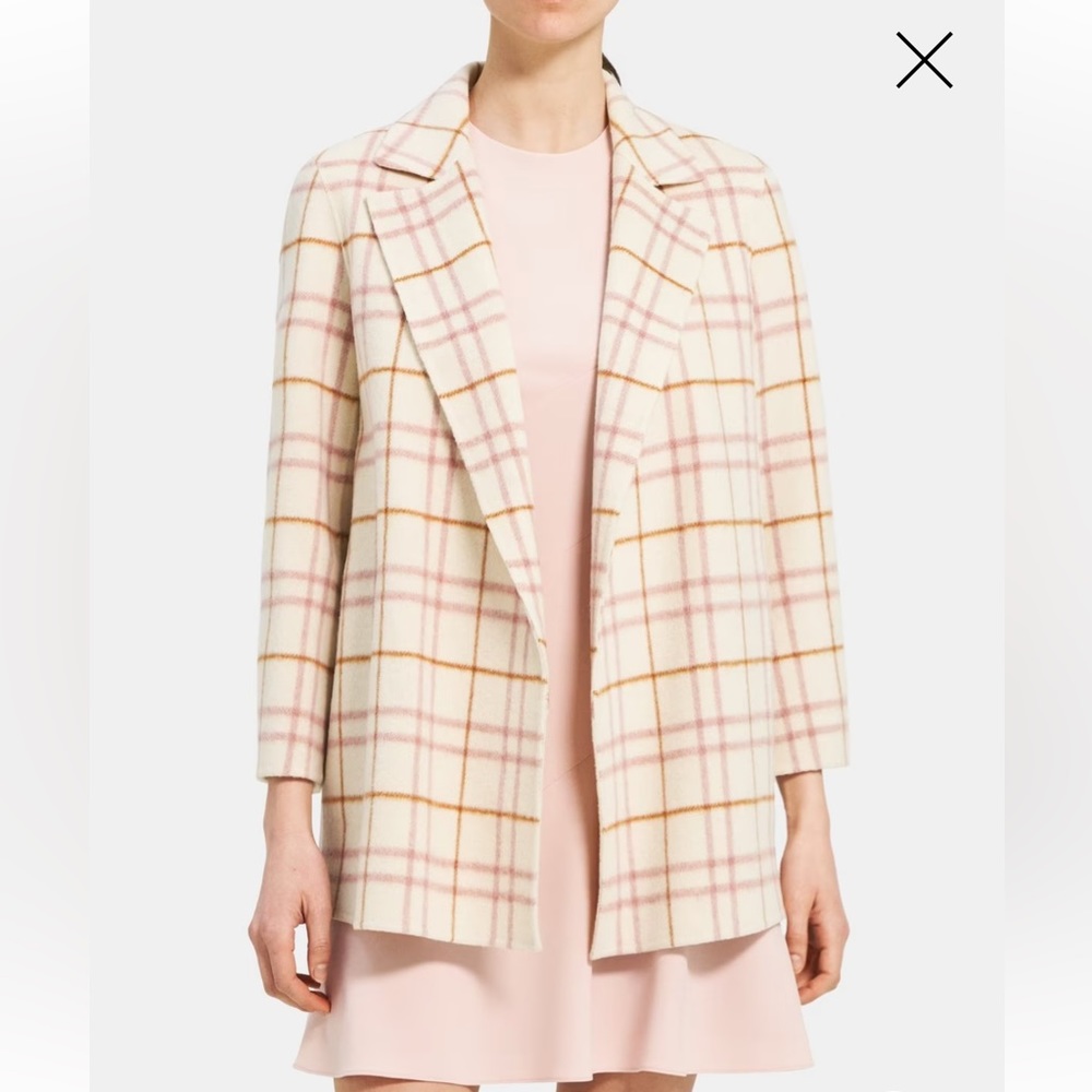THEORY 'Clairene-Autumn Double' Wool-Blend Open-Front Plaid Jacket, Ivory Multi